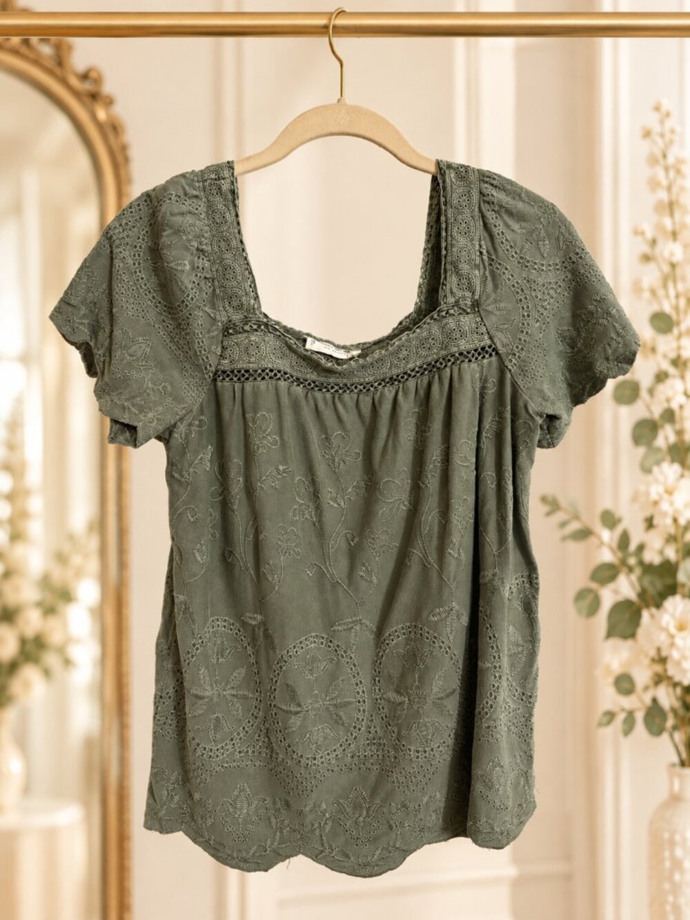 Lucky Brand Olive Green Embroidered Square Neck Peasant Top XS Boho